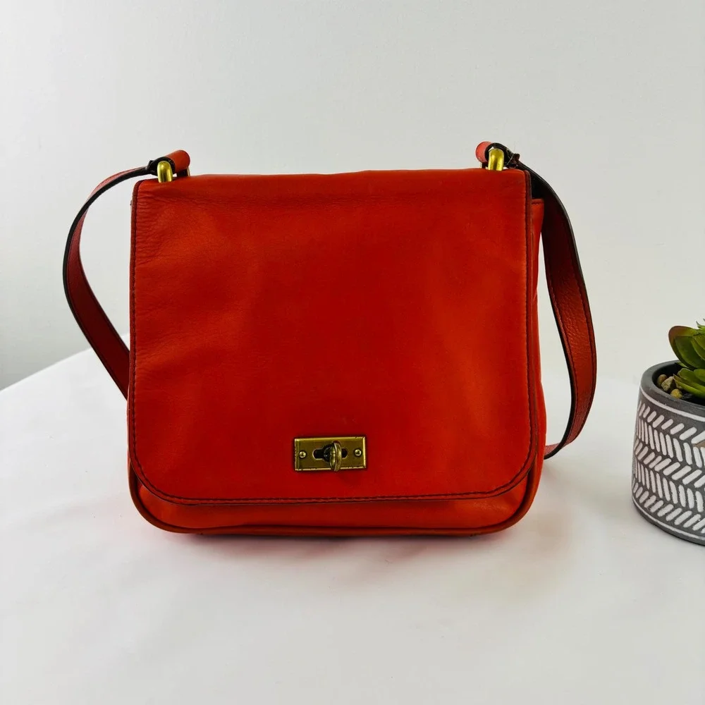 Fossil Women's Memoir Small Flap Crossbody Bright Orange Leather Bag